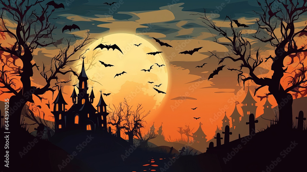 Illustration of Happy Halloween background, silhouettes of trees, houses, bats and pumpkins on orange background, minimal concept, copy space