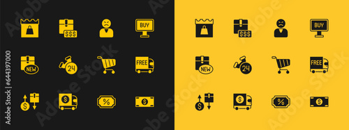 Set Buy button, Armored truck, Shopping cart, Discount percent tag, Telephone 24 hours support, Angry customer, day and Item price with dollar icon. Vector