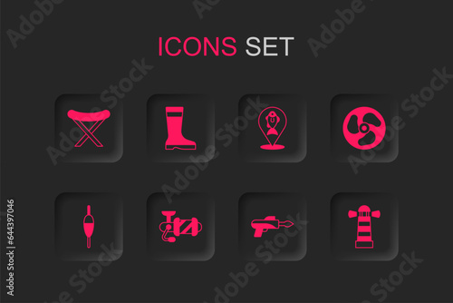 Set Spinning reel for fishing, Fishing boots, Camping folding chair, harpoon, Outboard boat motor, Lighthouse, Location and float icon. Vector