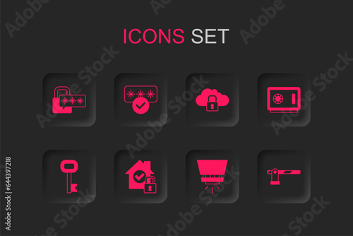 Set House under protection, Password, Cyber security, Fire sprinkler system, Safe, Parking car barrier, Cloud computing lock and Old key icon. Vector