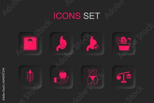 Set Apple, Human stomach health, Bathroom scales, Metabolism, Shopping bag and food, Calorie calculator, and Wheat icon. Vector