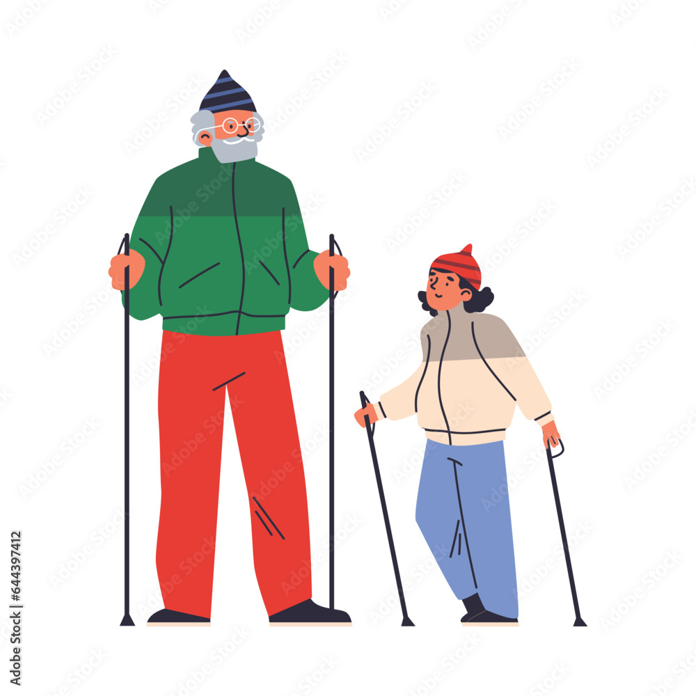Grandfather and granddaughter doing nordic walking, flat vector illustration isolated on white background. Grandfather and granddaughter doing nordic walking, flat vector illustration isolated on white background.