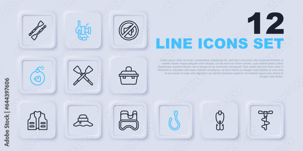 Set line Fishing lure, Hand ice drill, Crossed oars or paddles boat, hook, Bomb, Fisherman hat, Spinning reel for fishing and Diving mask icon. Vector Set line Fishing lure, Hand ice drill, Crossed oars or paddles boat, hook, Bomb, Fisherman hat, Spinning reel for fishing and Diving mask icon. Vector