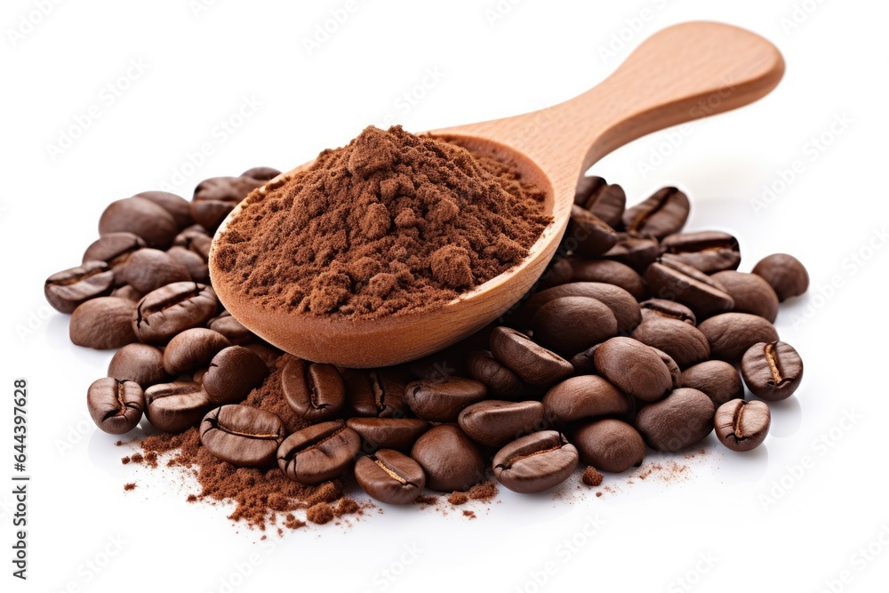 Obraz premium Ground coffee in wood spoon and pile whole roasted coffee beans, isolated on white background