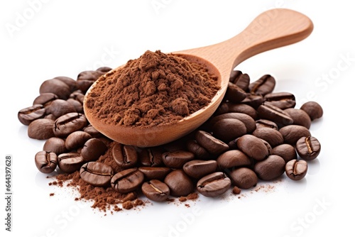 Ground coffee in wood spoon and pile whole roasted coffee beans, isolated on white background