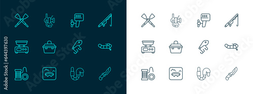 Set line Fishing rod, Winter fishing, lure, Worm, Case box for equipment, Outboard boat motor, Crossed oars paddles and Spinning reel icon. Vector