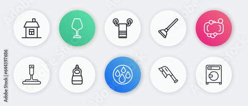 Set line Water drop, Bar of soap, Rubber cleaner for windows, Brush cleaning, plunger, Towel on hanger, Washer and Dishwashing liquid bottle icon. Vector