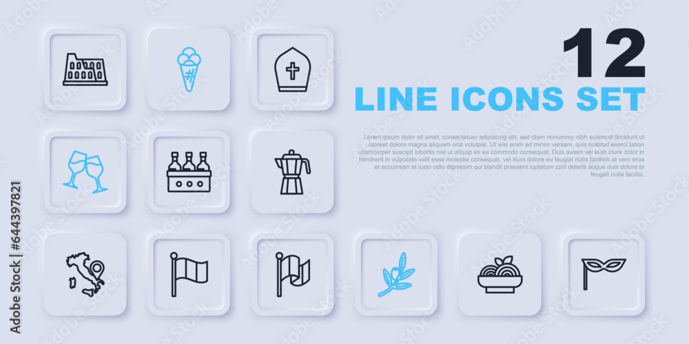 Set line Pasta spaghetti, Carnival mask, Bottles of wine, Olives branch, Wine glass, Flag Italy, Ice cream waffle and icon. Vector Set line Pasta spaghetti, Carnival mask, Bottles of wine, Olives branch, Wine glass, Flag Italy, Ice cream waffle and icon. Vector