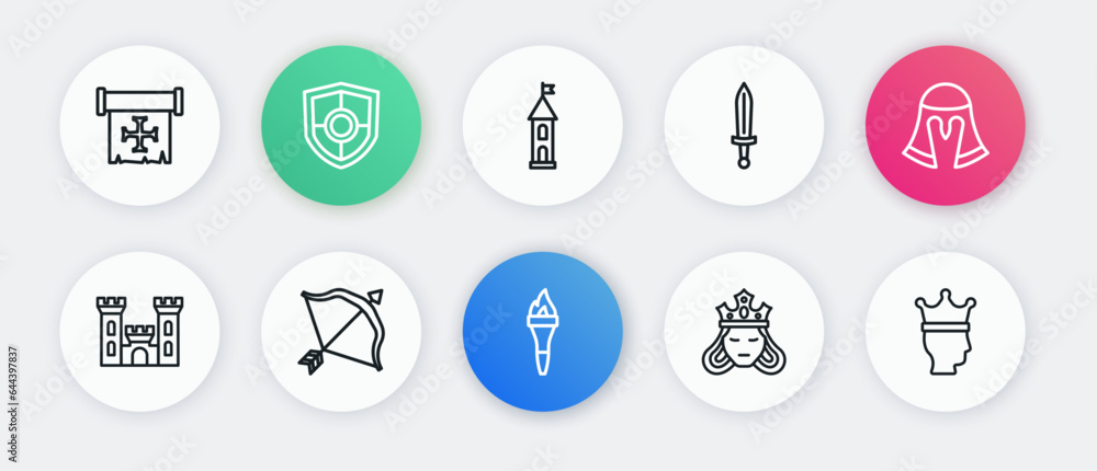 Set line Torch flame, Medieval helmet, Castle, Princess queen, sword, tower, King crown and bow and arrow icon. Vector Set line Torch flame, Medieval helmet, Castle, Princess queen, sword, tower, King crown and bow and arrow icon. Vector