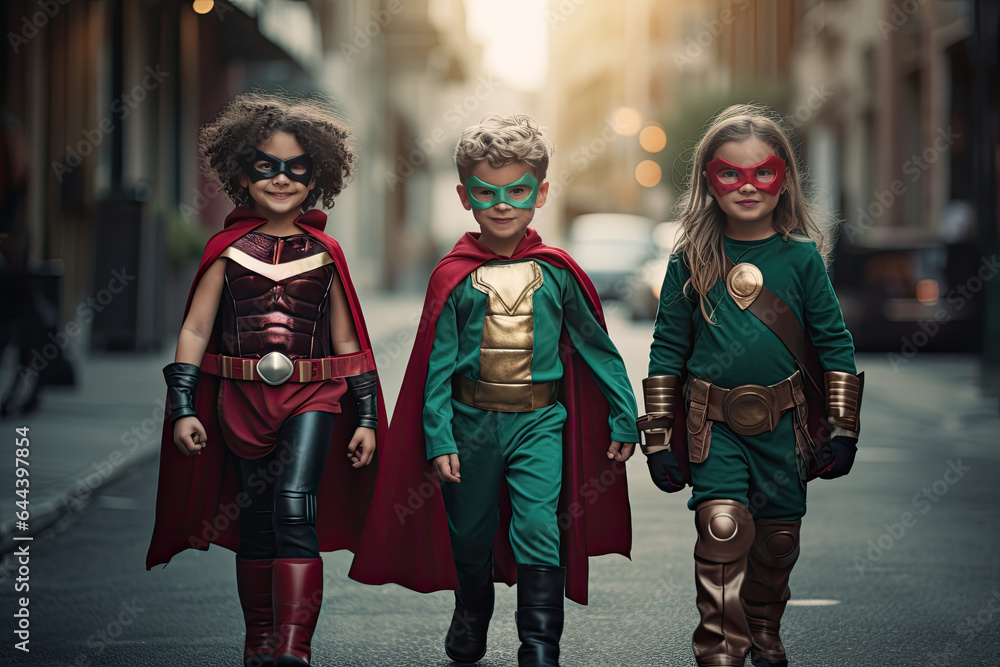 Three little superheroes in colorful costumes against the backdrop of a modern city.
