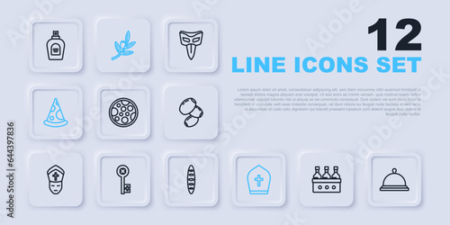 Set line Bottles of wine, Covered with tray food, Pizza, Pope hat, Slice pizza, Old key, Olives branch and French baguette bread icon. Vector