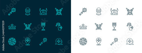 Set line Shield with swords, Crusade, Medieval goblet, Mace spikes, Skull, Viking in horned helmet, and icon. Vector