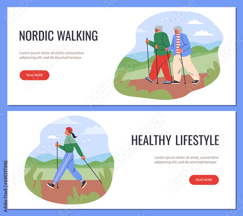 Nordic walking web banners set, flat vector illustration.