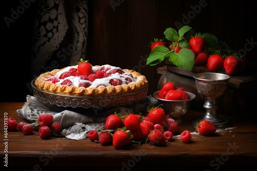 Pie with strawberries on wooden table, accompanied by raspberries. Generative AI