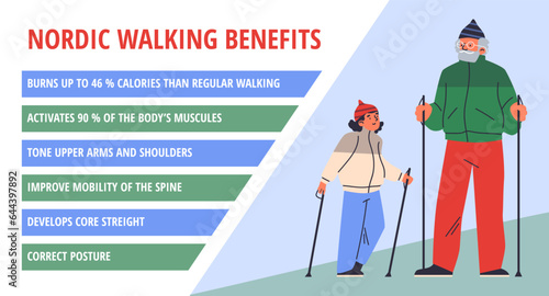 Old man, child doing nordic walking with sticks, vector healthy outdoor sport activity poster with benefits information