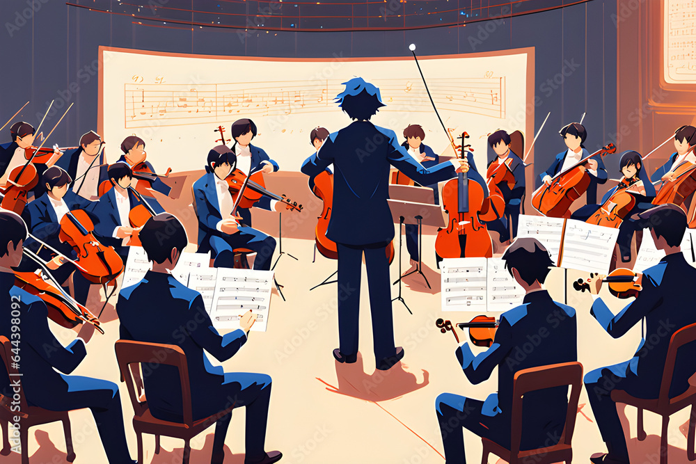 Fototapeta premium An orchestra and a conductor conducting it. Generative AI.