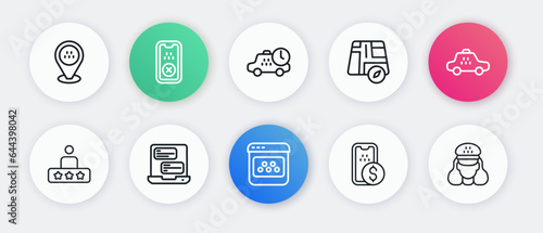 Set line Taxi mobile app, car, service rating, Mobile banking, Location taxi, waiting time, driver and icon. Vector