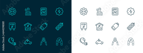 Set line Gear and lightning, Electric car, Battery charge, Pliers tool, Smart home, Electrical panel, outlet and Electrician icon. Vector