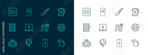 Set line Electric kettle, Global planet with thunderbolt, plug, Mobile phone, Laptop, Soldering iron, Electrical outlet and Refrigerator icon. Vector