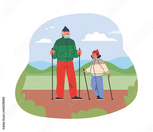 Pensioner with granddaughter nordic walking with sticks in natural landscape, vector isolated healthy outdoor activity