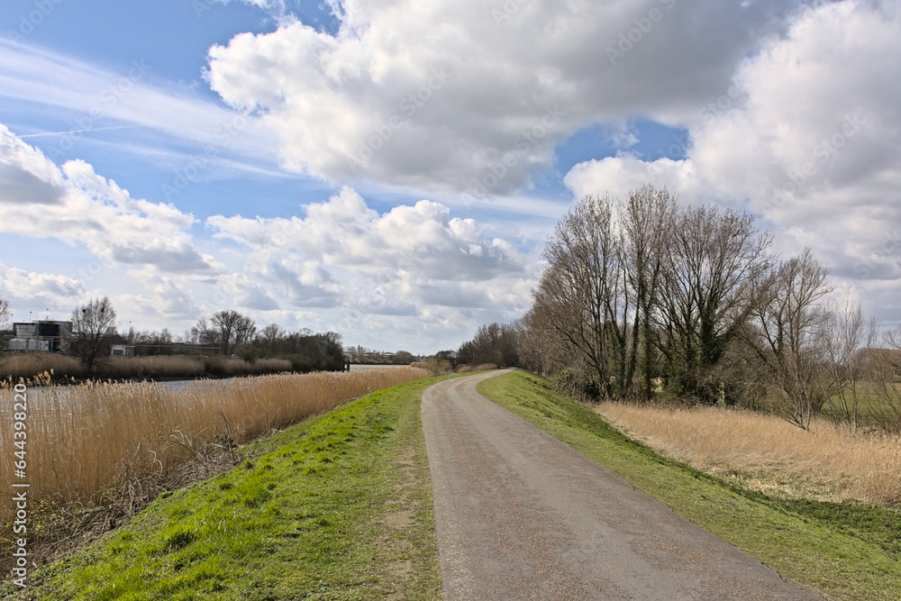 Levee with bicycle and pedesrian path along the green borders of river Scheldt in the flemish countryside