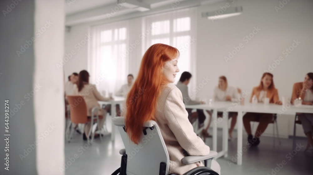 Rear view of a red-haired woman in a wheelchair at the office, surrounded by colleagues. Generative AI Rear view of a red-haired woman in a wheelchair at the office, surrounded by colleagues. Generative AI