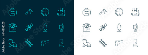 Set line Bulletproof vest, Hunting cartridge belt, Tree, Pistol or gun, Dead fish, Sniper optical sight, Hiking backpack and Wooden axe icon. Vector