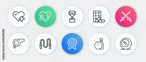 Set line Medal with star, Fencing, Whistle, Bowling pin and ball, Sports doping dumbbell, Award cup, Billiard pool snooker and Jump rope icon. Vector