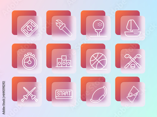 Set line Yacht sailboat, Ribbon in finishing line, Basketball ball, Medieval bow, Award over sports winner podium, Golf tee, Football field and Torch flame icon. Vector