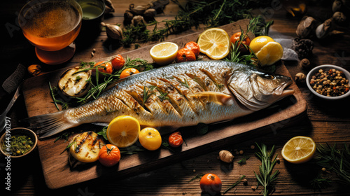 Delicious Oven Cooked Marinated SeaBass with garnish. Appetizing marinated sea bass with accompaniment presented on a wooden board. Generative Ai photo