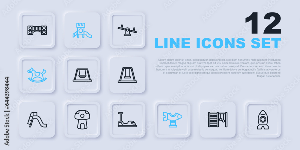 Set line Swedish wall, Rocket ship toy, Swing for kids, plane, Horse saddle swing, Mushroom house, Slide playground and Bumper car icon. Vector Set line Swedish wall, Rocket ship toy, Swing for kids, plane, Horse saddle swing, Mushroom house, Slide playground and Bumper car icon. Vector