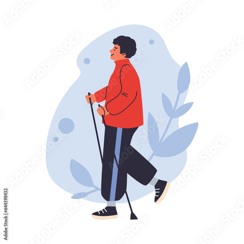 Smiling man with sticks nordic walking flat style, vector illustration