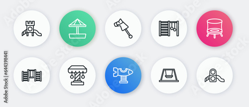 Set line Swing plane, Jumping trampoline, Swedish wall, for kids, Toy horse, Slide playground and Attraction carousel icon. Vector