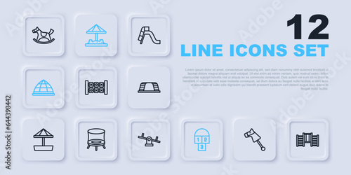Set line Toy horse, Swedish wall, Education logic game, Hopscotch, Playground climbing equipment, Jumping trampoline, Sandbox with sand and Seesaw icon. Vector