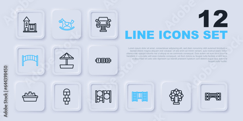 Set line Ferris wheel, Playground kids bridge, Sandbox with sand, Swedish wall, Hopscotch, Horse in saddle swing and climbing equipment icon. Vector