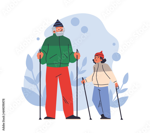 Pensioner with granddaughter in warm clothes nordic walking with sticks, vector outdoor sport activity on blue floral