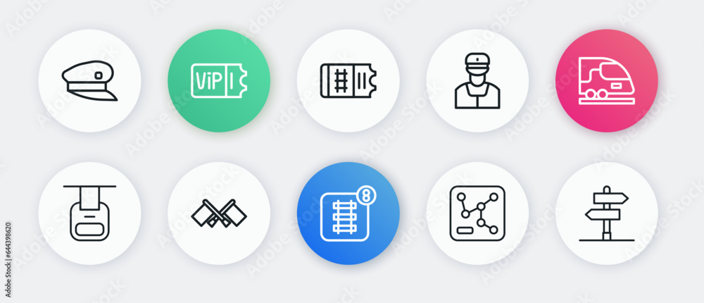 Set line Online ticket booking, High-speed train, Cable car, Railway map, Train conductor, Road traffic sign and Flag icon. Vector Set line Online ticket booking, High-speed train, Cable car, Railway map, Train conductor, Road traffic sign and Flag icon. Vector