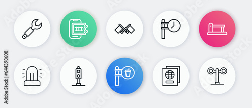 Set line Cafe and restaurant location, Railway barrier, Flasher siren, Passport, Train station clock, Flag, traffic light and icon. Vector