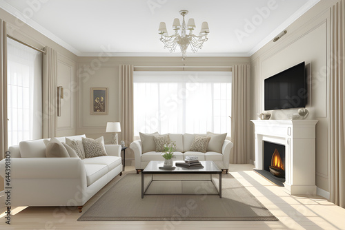 Hampton style living room interior  wall mockup  3d render. Modern living room