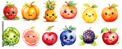 set of cute fruits on transparent background, watercolor png, generated ai © weissdesign