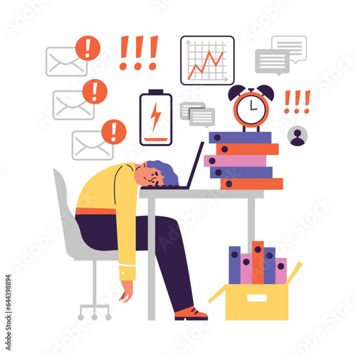 Burned out workaholic laying his head on table, flat vector illustration isolated on white background.