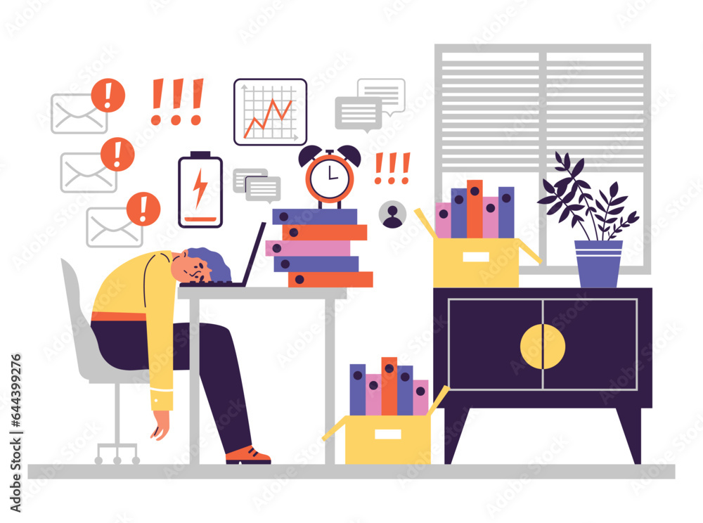 Tired and exhausted man lying on laptop, flat vector illustration isolated on white background. Tired and exhausted man lying on laptop, flat vector illustration isolated on white background.