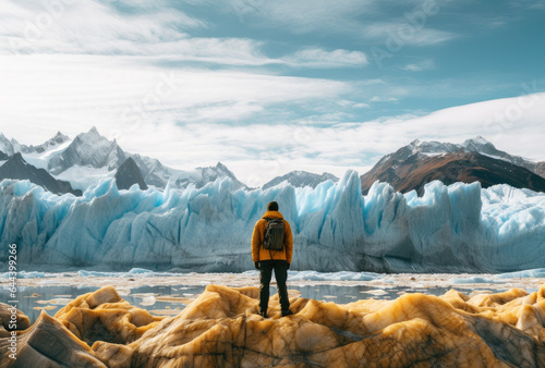 Hiker standing on rock, looking at big ice glacier