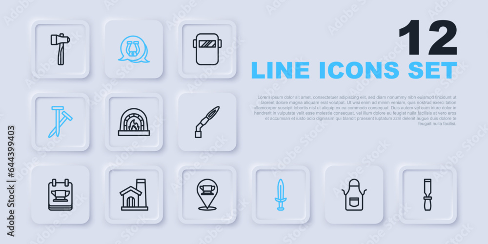 Set line Blacksmith apron, Rasp metal file, oven, Medieval sword, Metallic nails, Smithy workshop interior, Horseshoe and anvil tool icon. Vector Set line Blacksmith apron, Rasp metal file, oven, Medieval sword, Metallic nails, Smithy workshop interior, Horseshoe and anvil tool icon. Vector