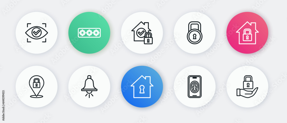 Set line House under protection, Lock, Mobile with fingerprint scanner, and Ringing alarm bell icon. Vector Set line House under protection, Lock, Mobile with fingerprint scanner, and Ringing alarm bell icon. Vector
