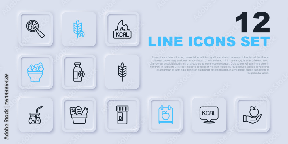 Set line Kcal, Apple, Lactose intolerance, Diet plan, Salad bowl, Shopping bag and food, Gluten free grain and Vitamins icon. Vector Set line Kcal, Apple, Lactose intolerance, Diet plan, Salad bowl, Shopping bag and food, Gluten free grain and Vitamins icon. Vector