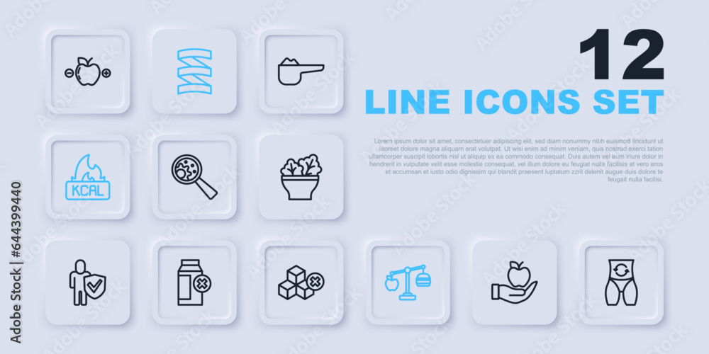Set line Apple, Metabolism, GMO, Calorie calculator, Kcal, Lactose intolerance, Sports nutrition proteine and No sugar free icon. Vector Set line Apple, Metabolism, GMO, Calorie calculator, Kcal, Lactose intolerance, Sports nutrition proteine and No sugar free icon. Vector