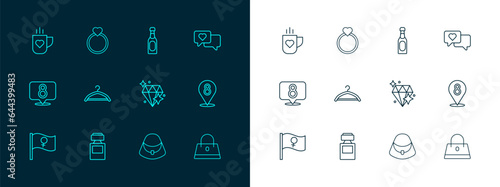 Set line Heart in speech bubble, Perfume, Diamond, Handbag, Hanger wardrobe, Champagne bottle, Coffee cup heart and engagement ring icon. Vector