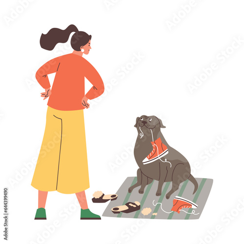 Naughty dog chewing shoes, angry pet owner - flat vector illustration isolated on white background.