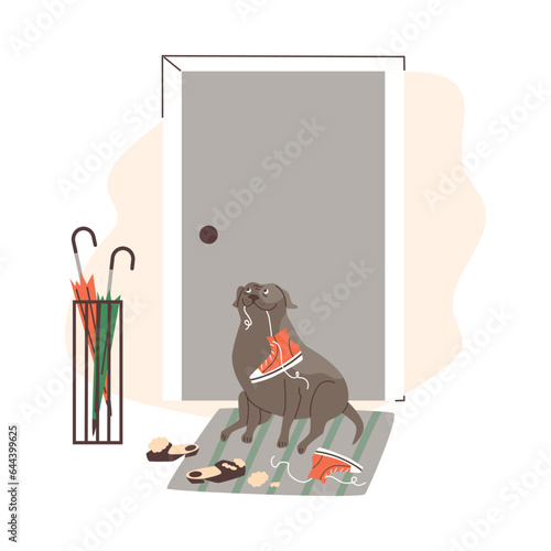 Funny naughty dog destroying owners shoes, flat vector illustration isolated on white background.